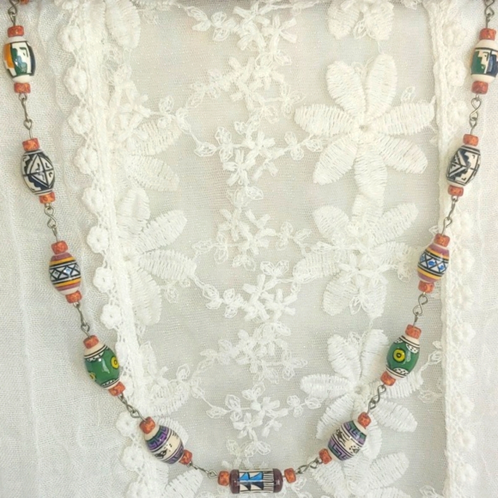 Colombian Hand Painted Clay Bead Necklace - Picture 8 of 13